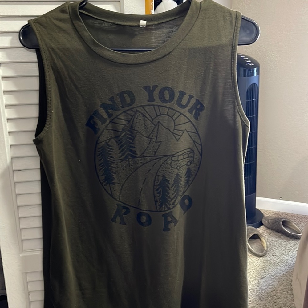 Army green muscle tank top, no brand just a size small, says "find your road"